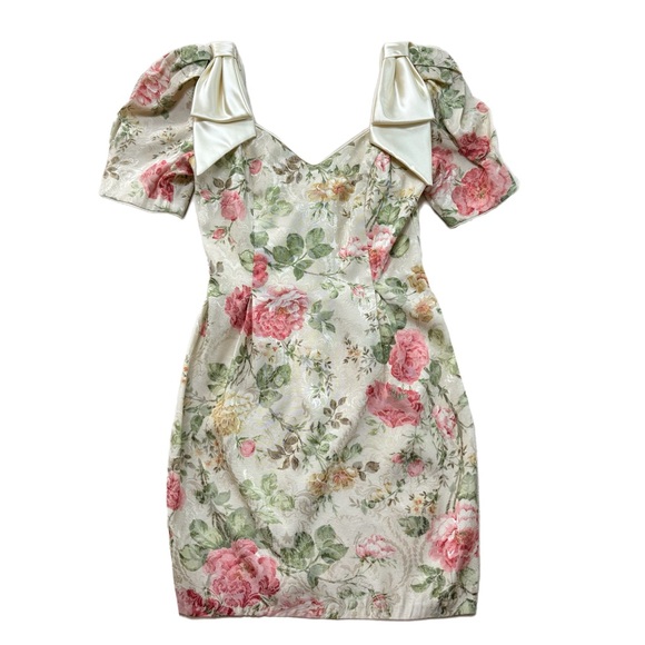 Vintage Dresses & Skirts - VTG 80s Midnight Glo Brocade Roses Puff Sleeve Bows Mini Dress S